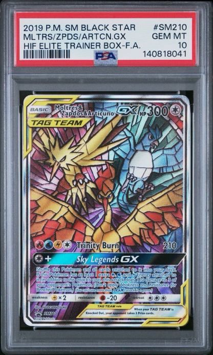 PSA 10 MOLTRES ZAPDOS ARTICUNO GX SM210 HIDDEN FATES ETB PROMO STAINED GLASS