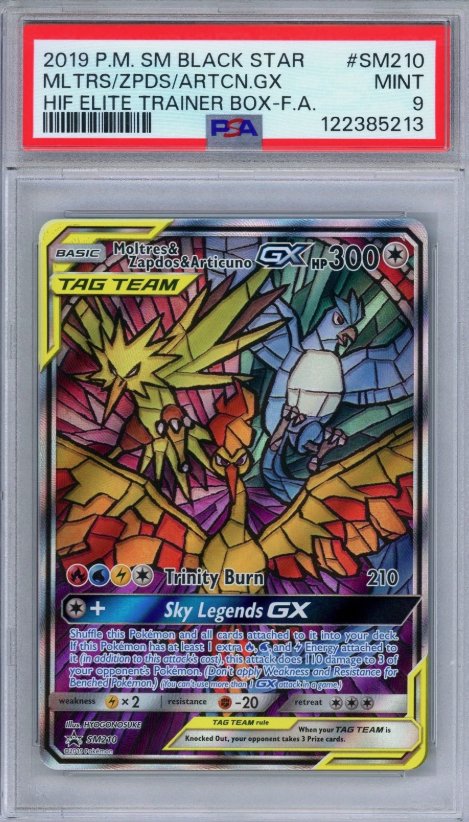 PSA 9 MOLTRES ZAPDOS ARTICUNO GX SM210 HIDDEN FATES ETB PROMO STAINED GLASS