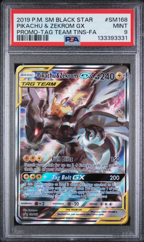 PSA 9 2019 POKEMON SM BLACK STAR PROMO #SM168 FULL ART/PIKACHU & ZEKROM GX